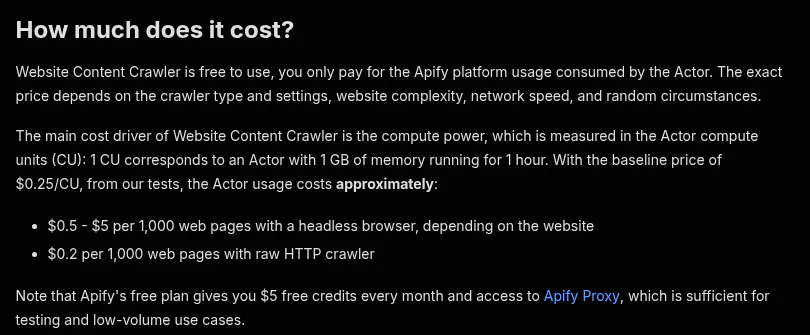 Apify's Website Content Crawler page, How much does it cost section: approximately $0.5 to $5 per 1,000 web pages with a headless browser and $0.2 per 1,000 pages with the raw HTTP crawler