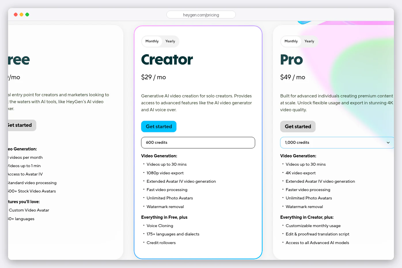 HeyGen pricing page: Free $0 a month with 3 videos and 1-minute limit, Creator $29 a month with 600 credits and videos up to 30 minutes, Pro $49 a month with 1,000 credits and 4K export