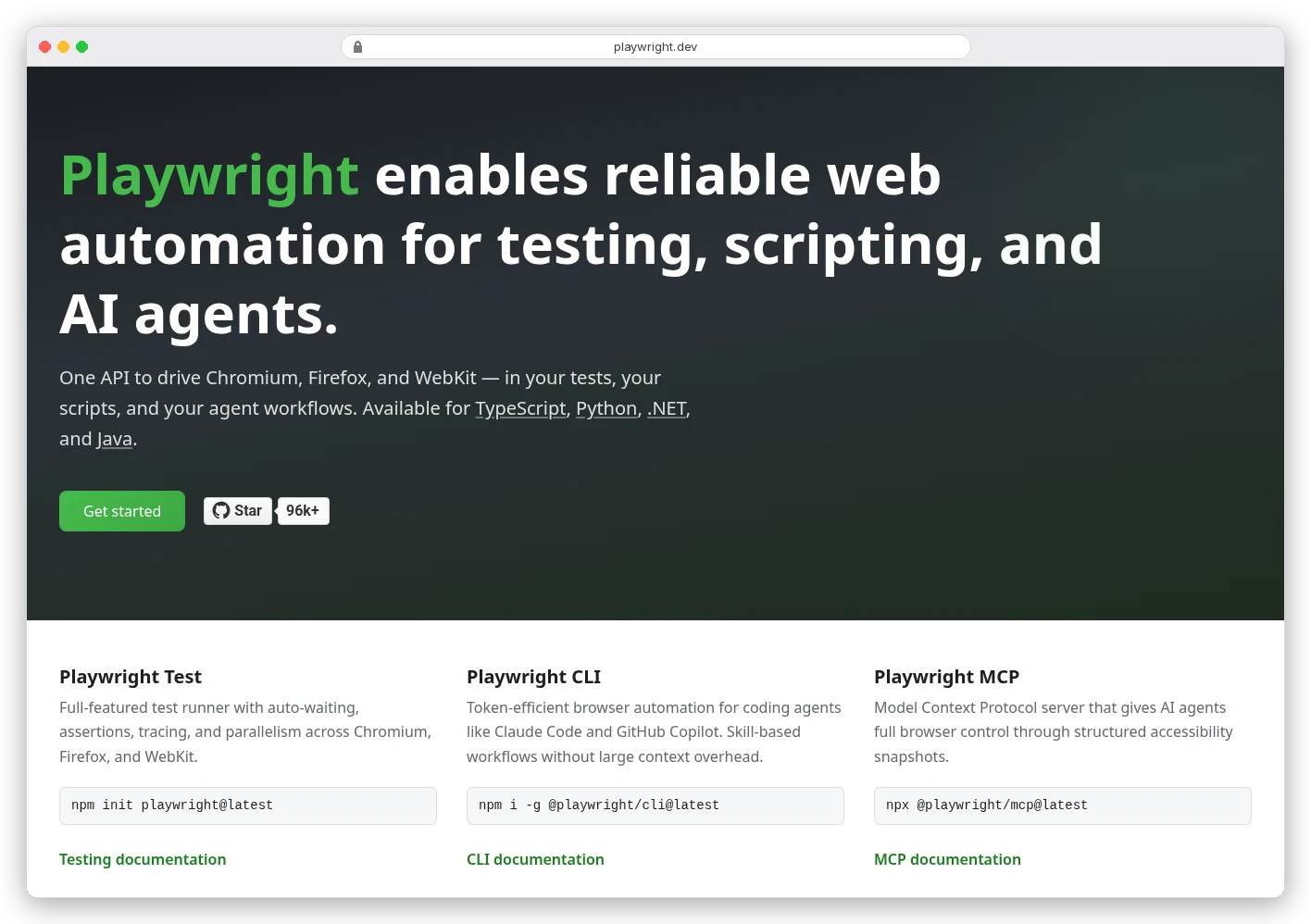 Playwright homepage: 'Playwright enables reliable web automation for testing, scripting, and AI agents', one API for Chromium, Firefox and WebKit in TypeScript, Python, .NET and Java, with Playwright Test, CLI and MCP below