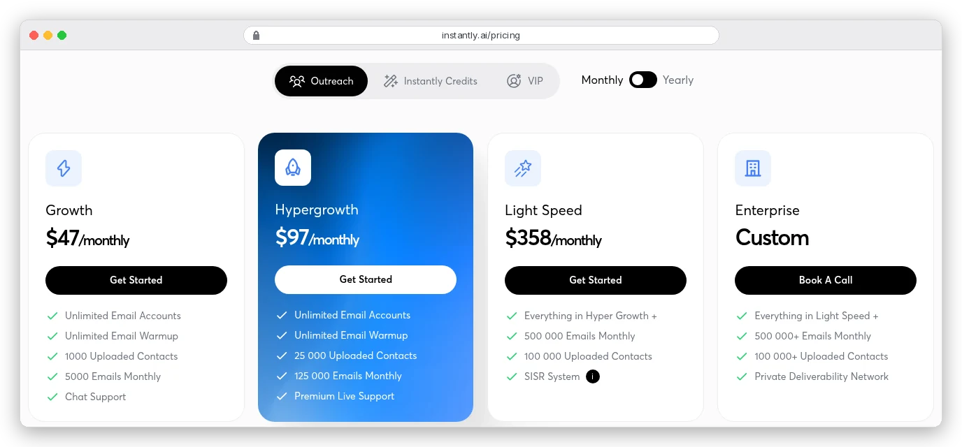 Instantly pricing page, Outreach tab, monthly billing: Growth $47 a month with unlimited email accounts and warmup, 1,000 uploaded contacts and 5,000 emails a month; Hypergrowth $97 with 25,000 contacts and 125,000 emails; Light Speed $358 with 500,000 emails and 100,000 contacts; Enterprise custom