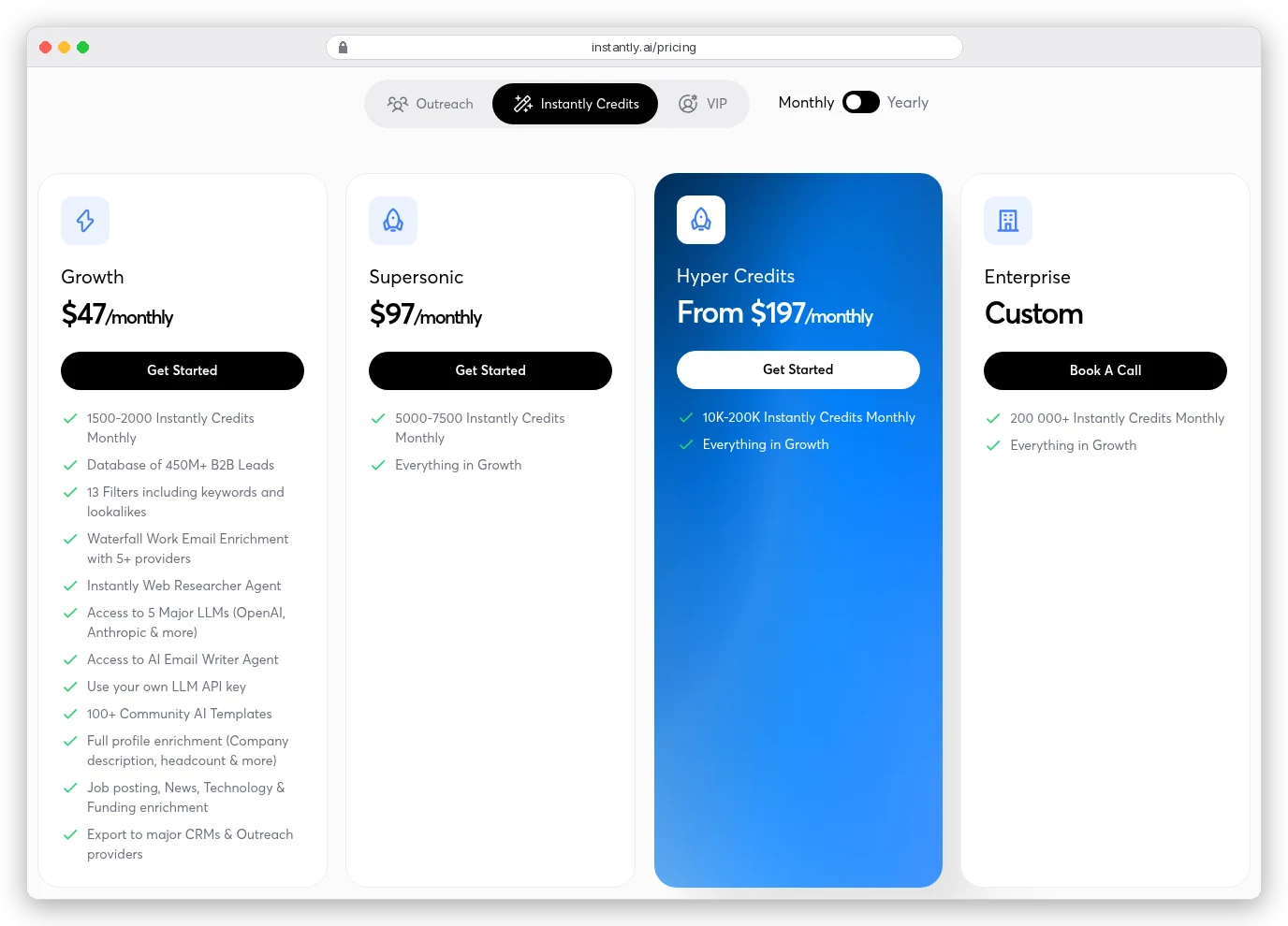 Instantly pricing page, Instantly Credits tab, monthly billing: Growth $47 a month for 1,500 to 2,000 credits with a database of 450M+ B2B leads, 13 filters and waterfall work email enrichment with 5+ providers; Supersonic $97 for 5,000 to 7,500 credits; Hyper Credits from $197 for 10K to 200K credits; Enterprise custom