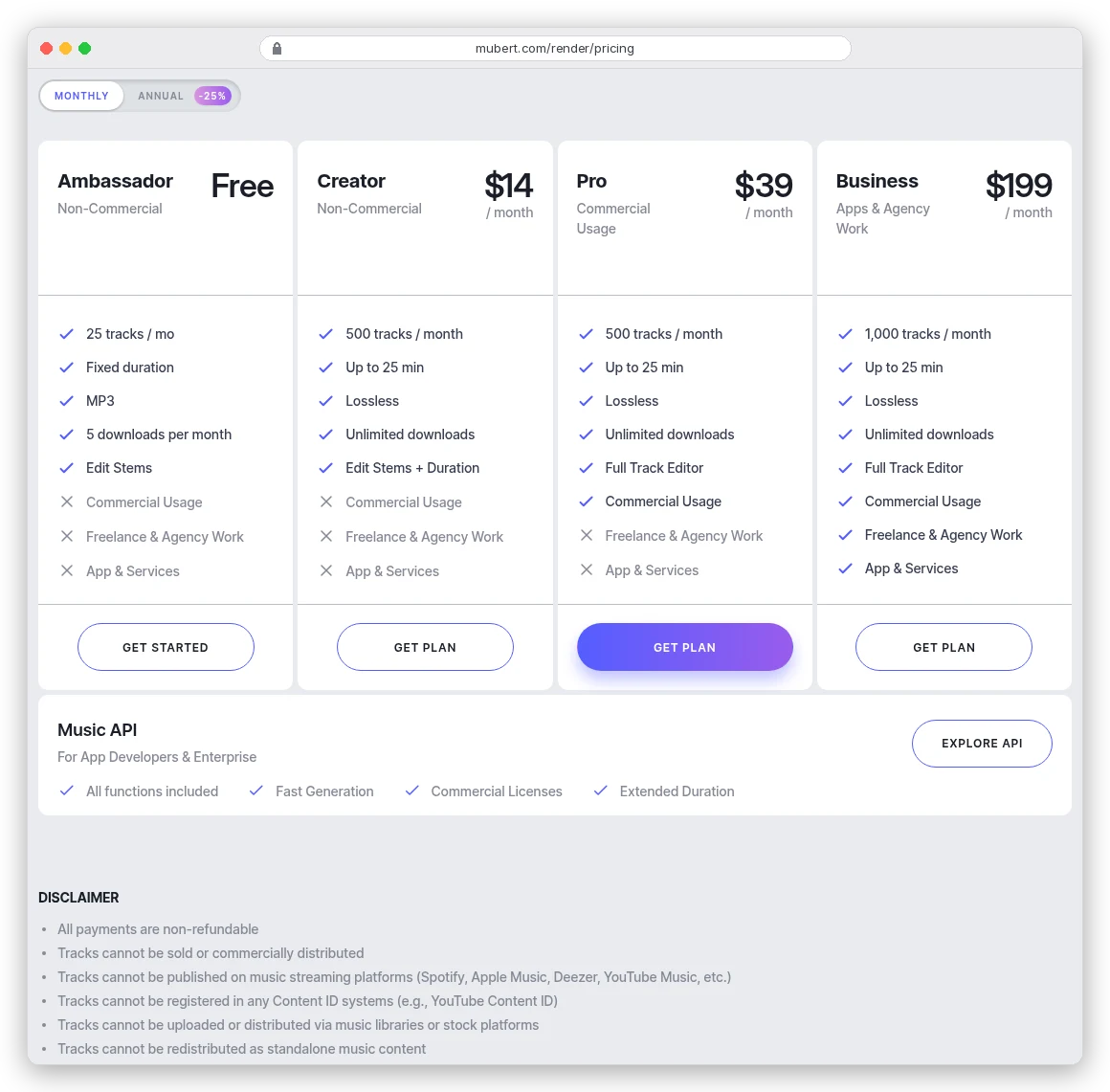Mubert pricing, monthly: Ambassador free and non-commercial with 25 tracks and 5 MP3 downloads a month; Creator $14 a month, non-commercial, 500 tracks and unlimited downloads; Pro $39 a month with commercial usage but no freelance and agency work or apps; Business $199 a month with agency work and apps; disclaimer that tracks cannot be published on streaming platforms or registered in Content ID