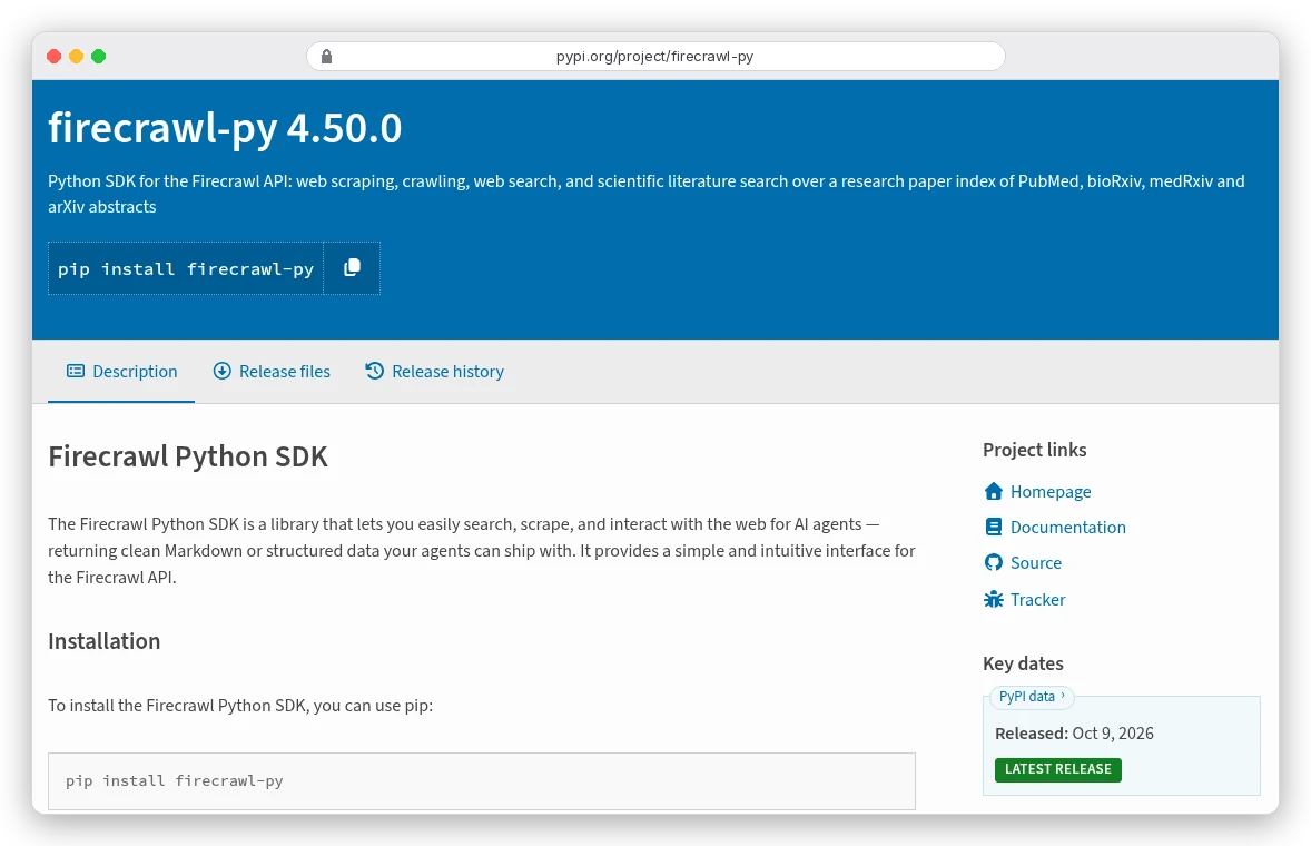 PyPI page for firecrawl-py 4.50.0 with the install command pip install firecrawl-py and Key dates showing Released Oct 9, 2026, latest release