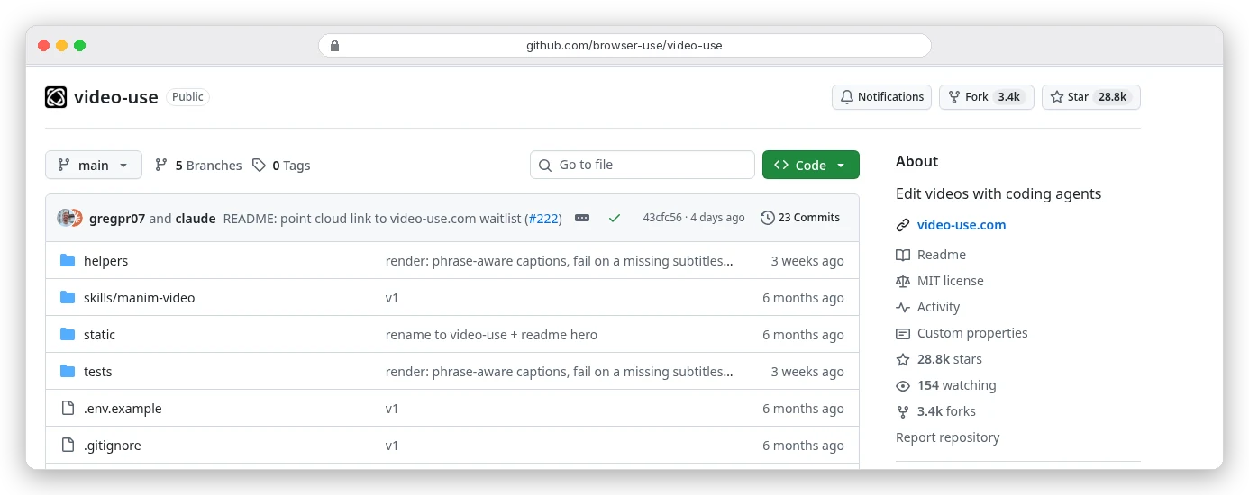 GitHub page for browser-use/video-use: Edit videos with coding agents, MIT license, 28.8k stars, 3.4k forks