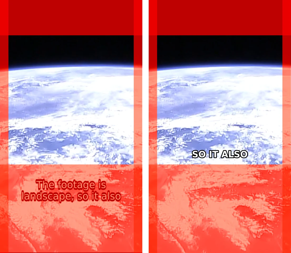 Two frames of the same Reel with Meta's safe-zone margins shaded red: ffmpeg-skill's reels preset puts the caption inside the bottom 35% zone, our pipeline puts it above