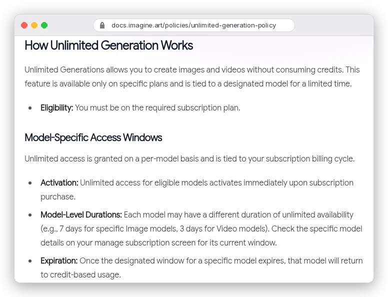 ImagineArt unlimited generation policy: unlimited access is per model and time-limited, for example 7 days for image models and 3 days for video models