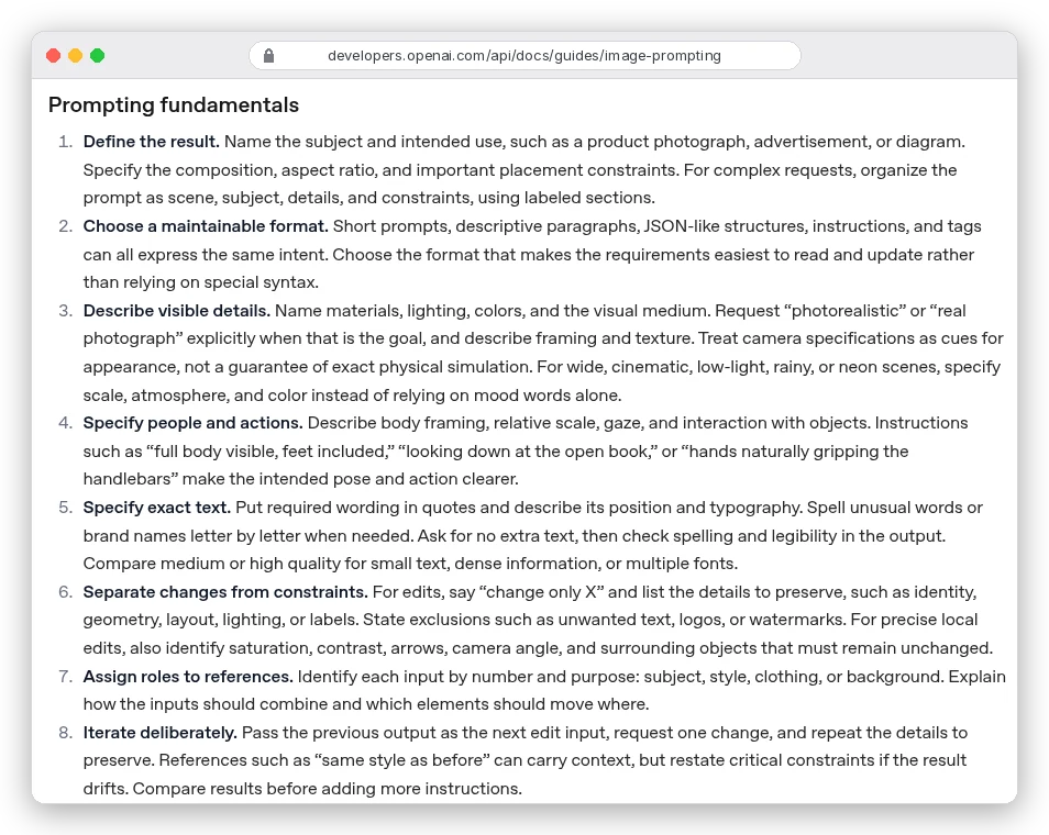 OpenAI's GPT Image 2.5 prompting guide, Prompting fundamentals: eight rules from Define the result to Iterate deliberately, including putting exact text in quotes and saying change only X for edits