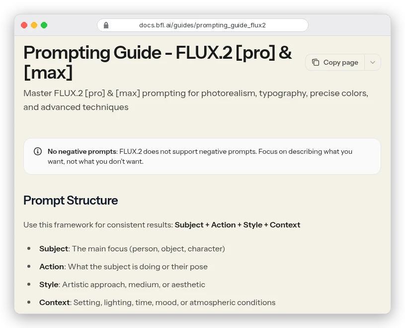 Black Forest Labs FLUX.2 prompting guide: a note that FLUX.2 does not support negative prompts, and the Subject + Action + Style + Context prompt structure