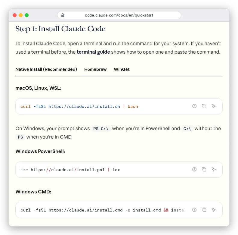 Claude Code quickstart, Step 1: Install Claude Code. Native Install (Recommended) tab with three commands: curl -fsSL https://claude.ai/install.sh | bash for macOS, Linux and WSL; irm https://claude.ai/install.ps1 | iex for Windows PowerShell; and the install.cmd download for Windows CMD. Homebrew and WinGet tabs sit beside it