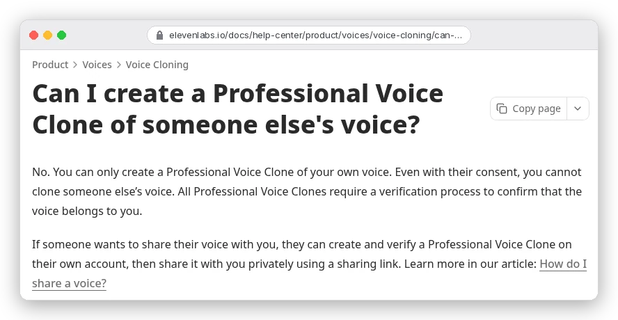 ElevenLabs help page answering whether you can create a Professional Voice Clone of someone else's voice: No, even with their consent; all Professional Voice Clones require verification that the voice belongs to you