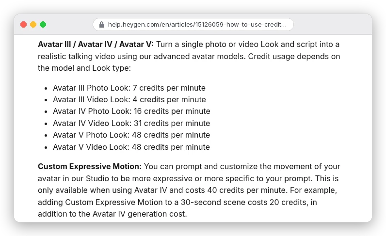 HeyGen help article on credits: Avatar III Photo Look 7 credits per minute, Avatar III Video Look 4, Avatar IV Photo Look 16, Avatar IV Video Look 31, Avatar V Photo and Video Look 48 credits per minute; Custom Expressive Motion on Avatar IV costs 40 credits per minute