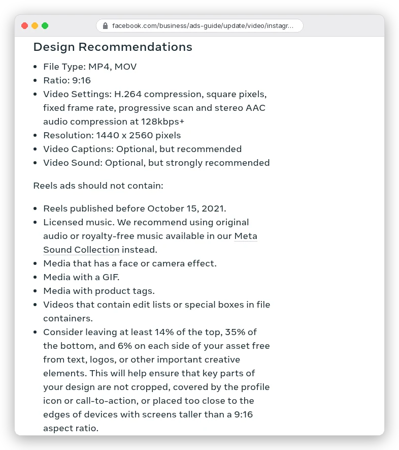 Meta Instagram Reels ad design recommendations: 9:16 ratio, 1440 x 2560 pixels, captions optional but recommended, and leave at least 14% of the top, 35% of the bottom and 6% on each side free from text, logos or other important creative elements