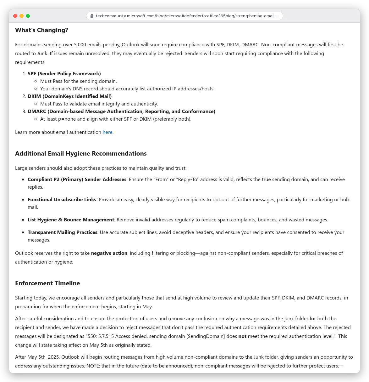 Microsoft Tech Community post on Outlook's requirements for high-volume senders: for domains sending over 5,000 emails per day, SPF must pass, DKIM must pass, DMARC at least p=none aligned with SPF or DKIM; failing messages are rejected with 550 5.7.515 Access denied