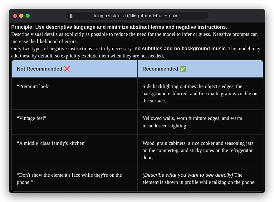 Kling 4.0 user guide: use descriptive language and minimise negative instructions; only no subtitles and no background music are truly necessary; Premium look rewritten as side backlighting and matte grain