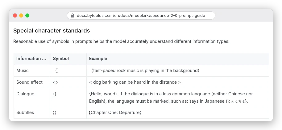BytePlus Seedance 2.0 prompt guide special character table: music in brackets, sound effects in angle brackets, dialogue in curly braces, subtitles in lenticular brackets
