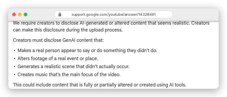 YouTube Help page Disclosing use of GenAI content, listing four cases creators must disclose, the last being Creates music that's the main focus of the video